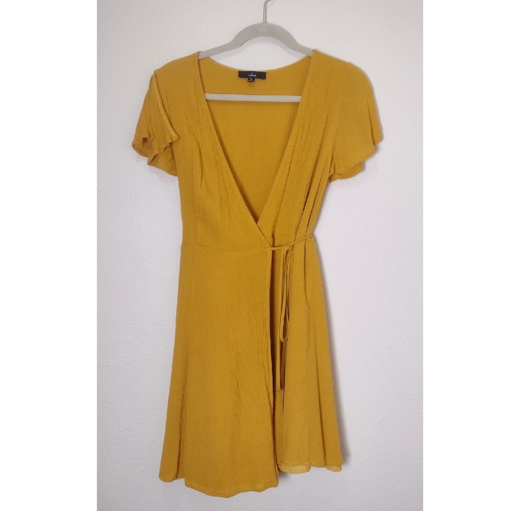 Lulu's Harbor Point Flutter-Sleeve Mini Wrap Dress Mustard Yellow Size Medium